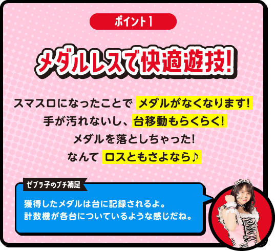 [ポイント1]メダルレスで快適遊技! スマスロになったことで メダルがなくなります!手が汚れないし、 台移動もらくらく!|メダルを落としちゃった!なんて ロスともさよなら♪