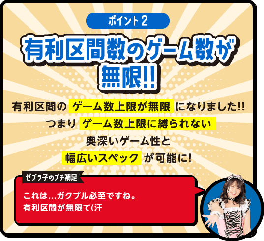 [ポイント2]有利区間数のゲーム数が無限!! 有利区間の ゲーム数上限が無限 になりました!!つまり ゲーム数上限に縛られない奥深いゲーム性と幅広いスペック が可能に!