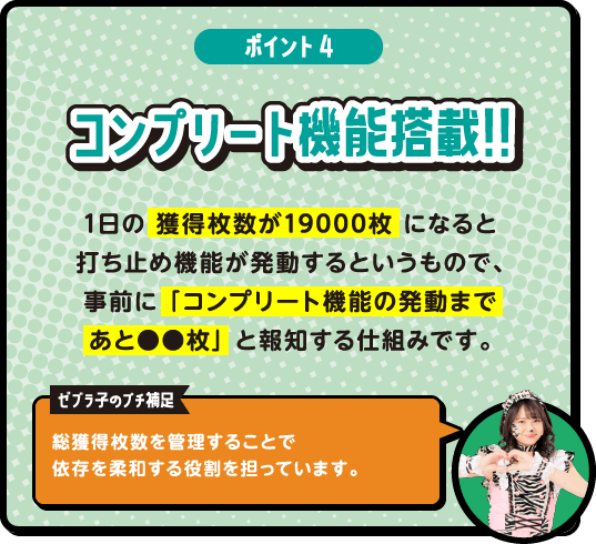 [ポイント4] コンプリート機能搭載!! 1日の 獲得枚数が19000枚 になると打ち止め機能が発動するというもので、事前に 「コンプリート機能の発動まであと●●枚」 と報知する仕組みです。